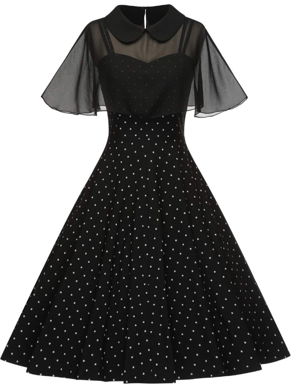 Women's Black Dot 1950s Cloak Two Piece Zipper Cape Sleeve Cocktail Dress